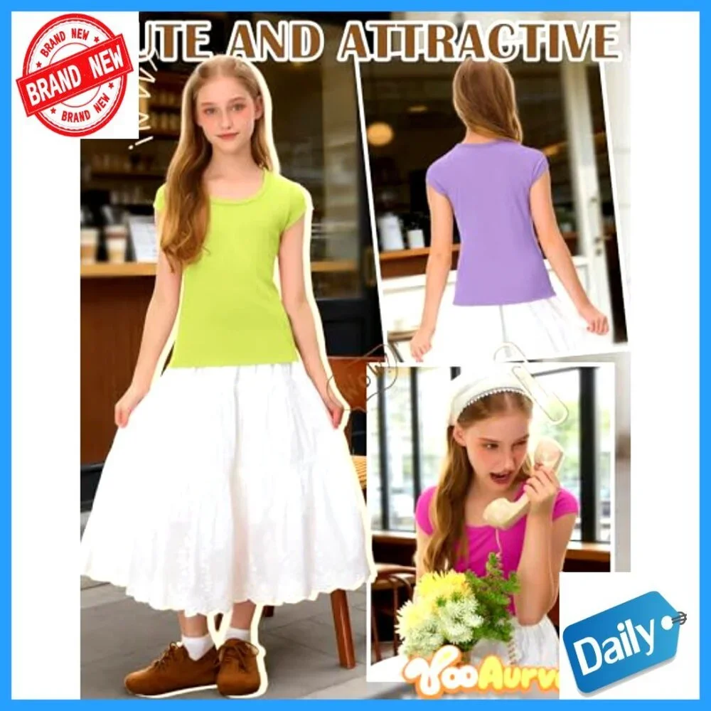 Girls Slim Fit Cap Sleeve Tees 3-Pack Summer Tops Ages 5-14